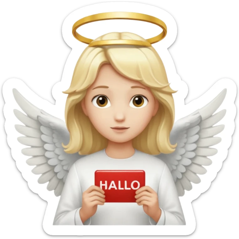 "An angel emoji with blonde hair, a halo, wings, holding a 'COMPARTILHAR' sign in bold letters." sticker