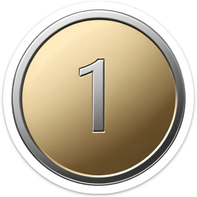 Emoji icon of a metal coin with engraved number 1, minimalist style, isolated, only metal color sticker
