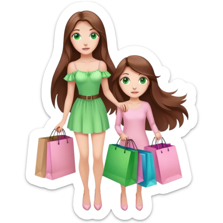 pretty white woman with very long brown hair and green eyes and light pink outfit holding a ton of shopping bags sticker