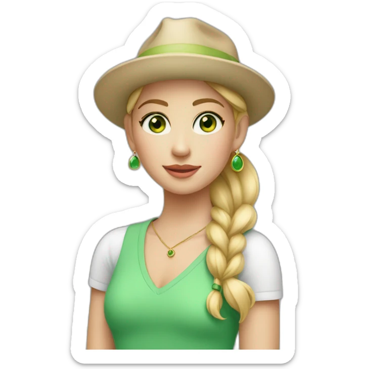A young girl with green eyes and blond hairs in a ponytail with big earrings and wearing chic clothes and a hat  sticker