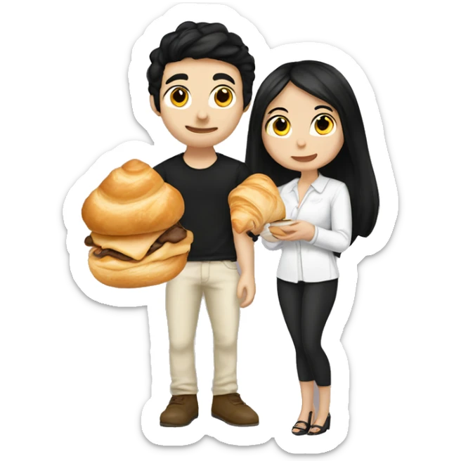Cute girlfriend black hair and white skin with her boyfriend eating a croissant sticker