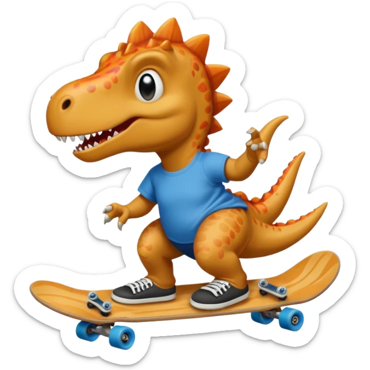 Dinosaur skateboarding at the skate park wearing a t-shirt and doing six seven sticker