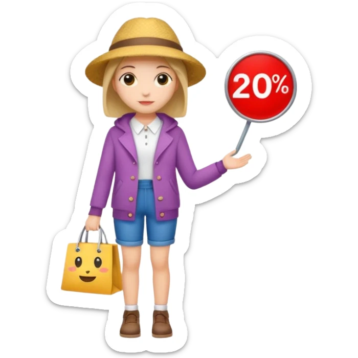 Person who is waiting the sale promotion with 20% off sign, wearing cute outfit sticker