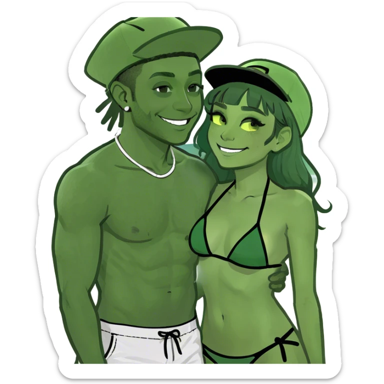 Hyperrralistic photo realism 4k shot of internet celebrity lovers Tefi Valenzuela in bikini and Josh king Madrid in backwards hat and neon shorts on beach laying down cuddling sticker