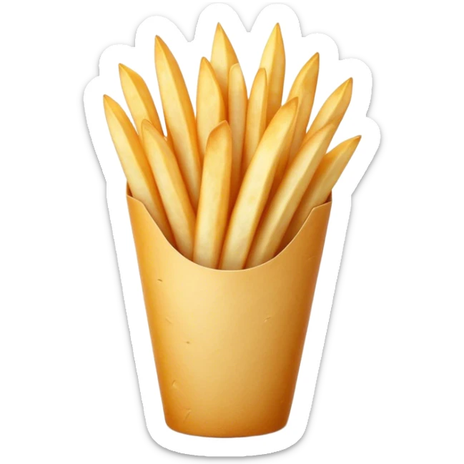 Cinematic Realistic Belgian Fries Dish Emoji, showcasing thick, crispy fries served in a paper cone rendered with detailed textures and golden, appetizing lighting. sticker
