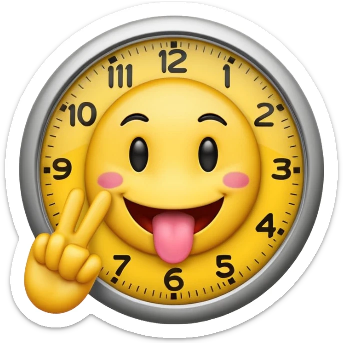 yellow emoji with tongue out and two fingers doing the clock it sign sticker
