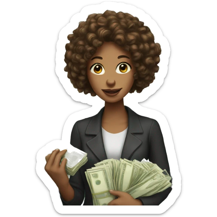 woman with brown curly hair holding lots of money sticker