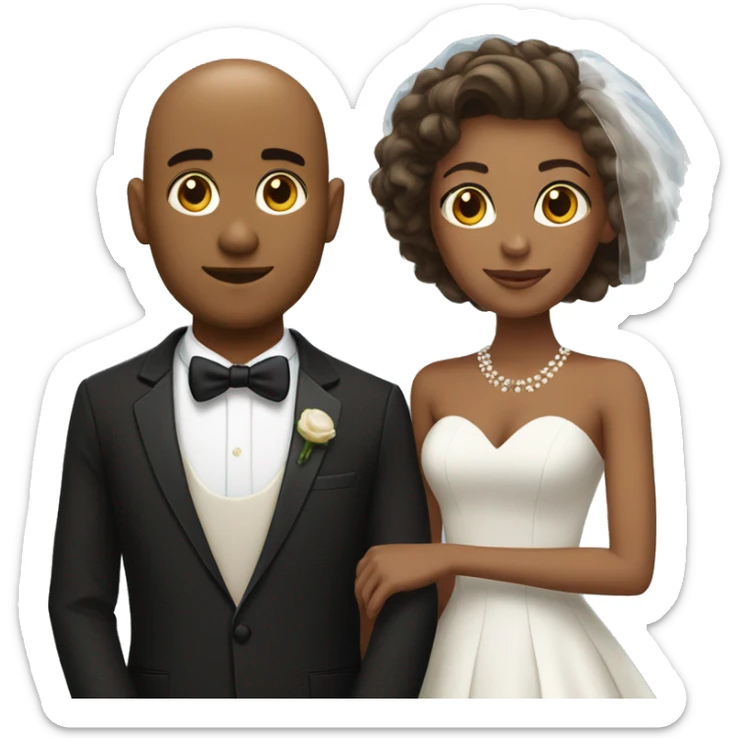 brown skin bald man in tuxedo and brown skin woman with short hair Marriage sticker