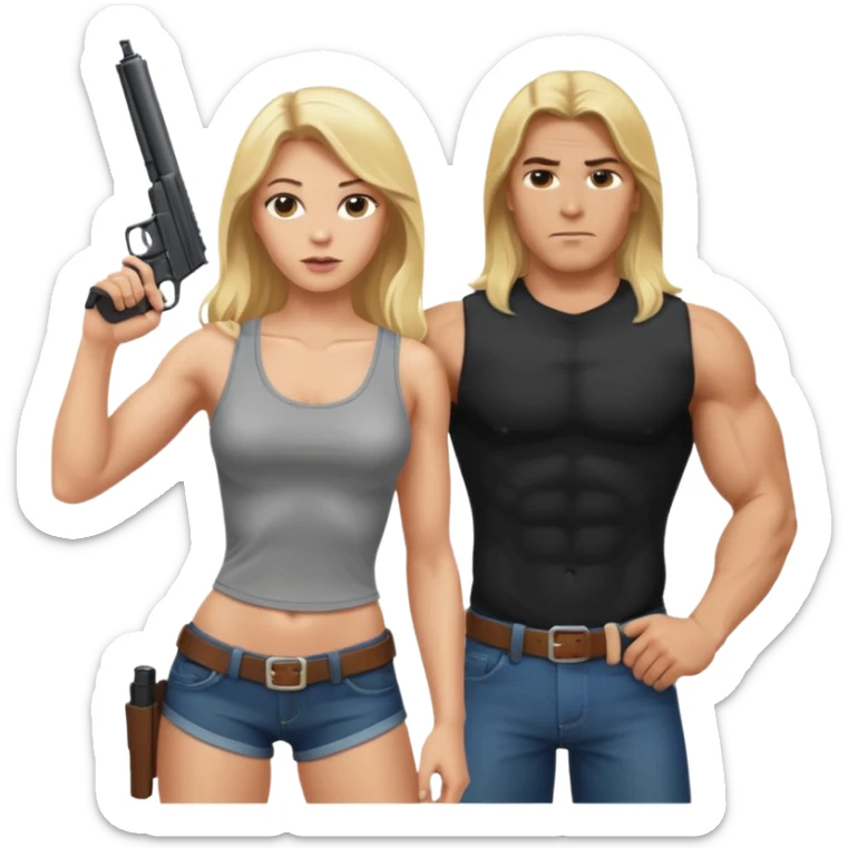 A blonde sexy woman with long hair pointing a gun at a tall muscle guy with braun hair  sticker