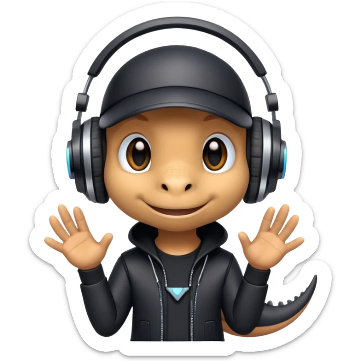 Dinosaurio muy tierno músico DJ con ropa negra futurista  sticker