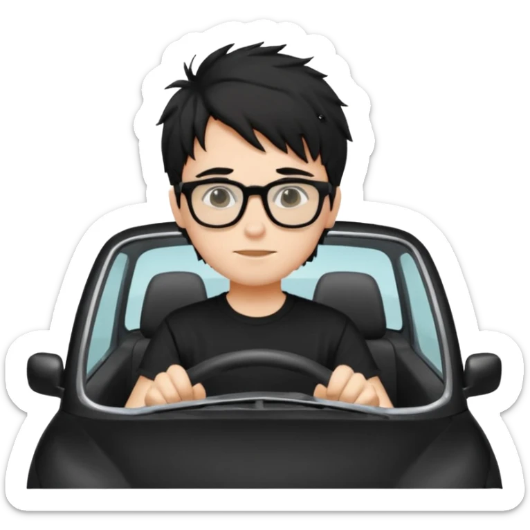generate a pretty bratz fair skinned boy with black messy hair wearing a black tshirt driving. Glasses on.  sticker