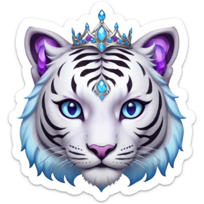 ESO Female white/black tiger khajiit leader of the umbral rose, glowing blue eyes, glowing blue 'third eye' gem; purple gem silver tiara sticker