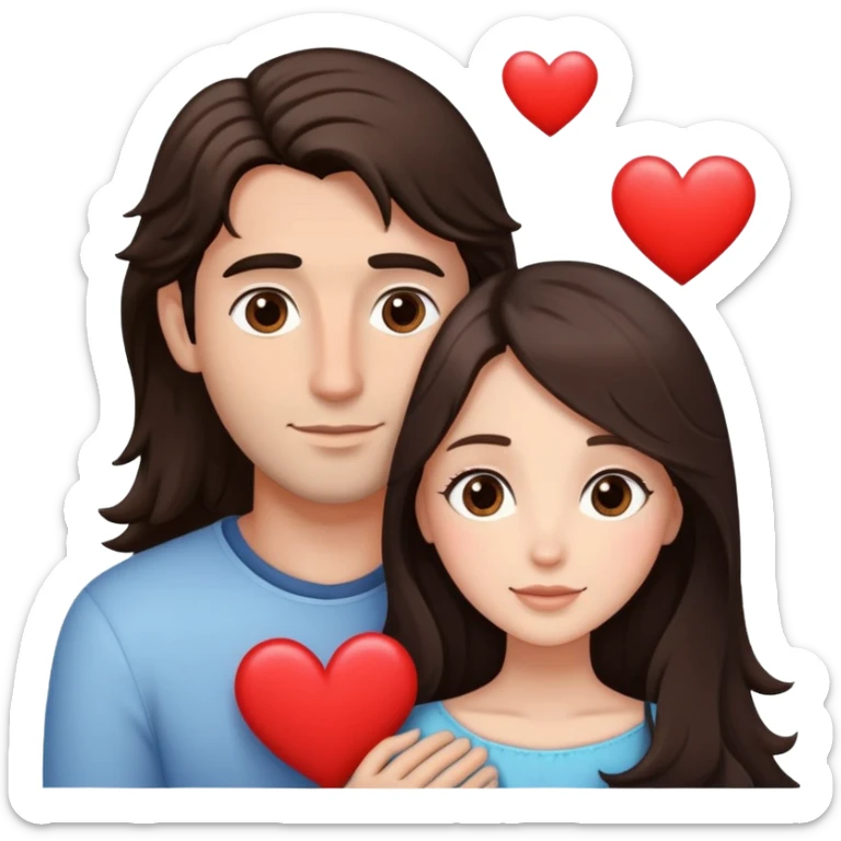 A couple embracing, man with light mestizo skin and straight dark brown hair, woman with fair skin and long slightly wavy dark brown hair, with white hearts around them sticker