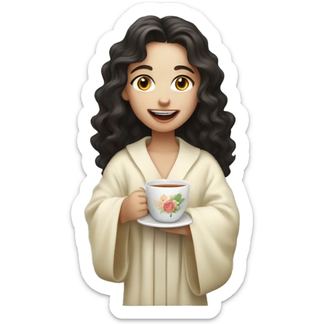 a girl with pale skin, long curly dark hair, drinking tea, with a robe on, sticking her tongue out happily sticker