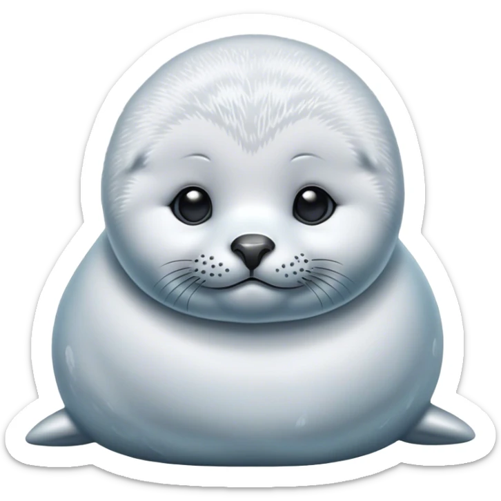 Cinematic Noble Baby Seal Portrait Emoji, Poised and endearing, with a round, plump body of soft, glistening fur, large, soulful eyes and a delicate, slightly rounded head accented by chubby cheeks, Simplified yet sharp and sophisticated features, highly detailed, glowing with a gentle, polar mist glow, high shine, intelligent and watchful, stylized with an air of arctic charm, focused and gentle, soft glowing outline, capturing the essence of a watchful and confident baby seal that appears ready to pop out of the screen with playful grace! sticker