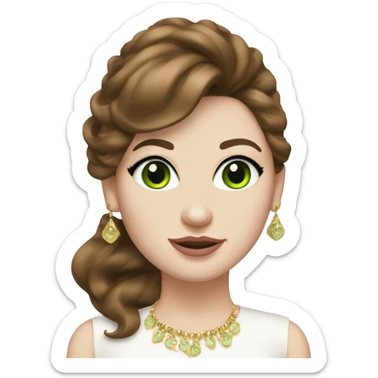 woman, with chestnut brown hair, her hair are a 90s voluminous blowout with curtain bangs, she has very green eyes and a white pale skin, she has pink lipstick on and long lashes, she wears a white to and  gold earrings  sticker
