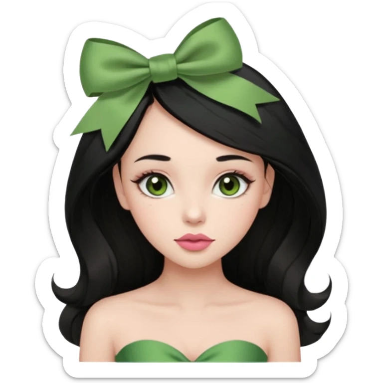 The woman has long black hair with green ribbon bows, light brown eyes, fair skin, and a heart-shaped face. She wears soft makeup, a muted rose lip, and a strapless olive green top. sticker