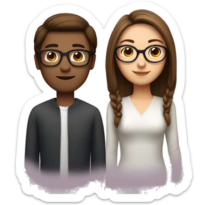 A couple one girl with straight middle length brown hair with glasses round and the guy with brown hair and square red glasses sticker
