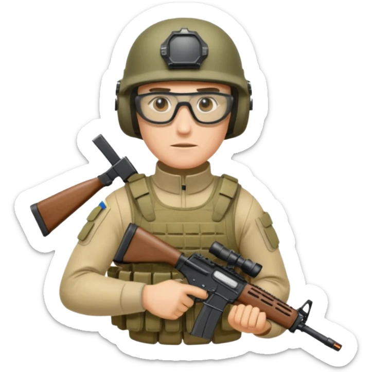 Ukrainian intelligance agency warrior man in platecarrier with nato riffle in helmet and ballistic glasses sticker