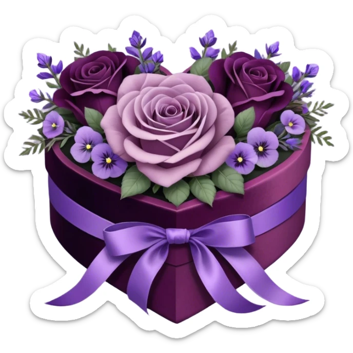 A vintage-inspired heart-shaped velvet box, wrapped with a rich plum silk ribbon, rests beside a delicate arrangement of soft purple roses, lavender sprigs, and dark amethyst pansies. Under the moonlight, tiny silver stars glimmer on the box’s lid, reflecting the romantic glow of an ornate candlestick standing nearby. sticker
