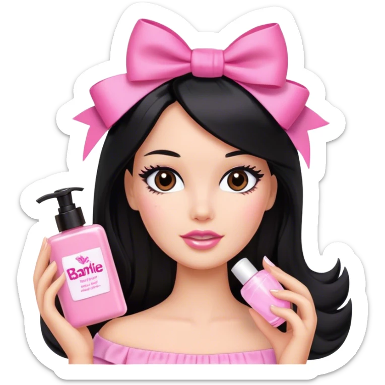 A barbie with long black hair, brown eyes and a pink bow on her hair doing her skincare. sticker