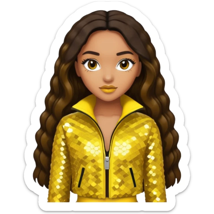 Leigh-Anne Pinnock from Little Mix with long dark brown hair, yellow sequin outfit sticker