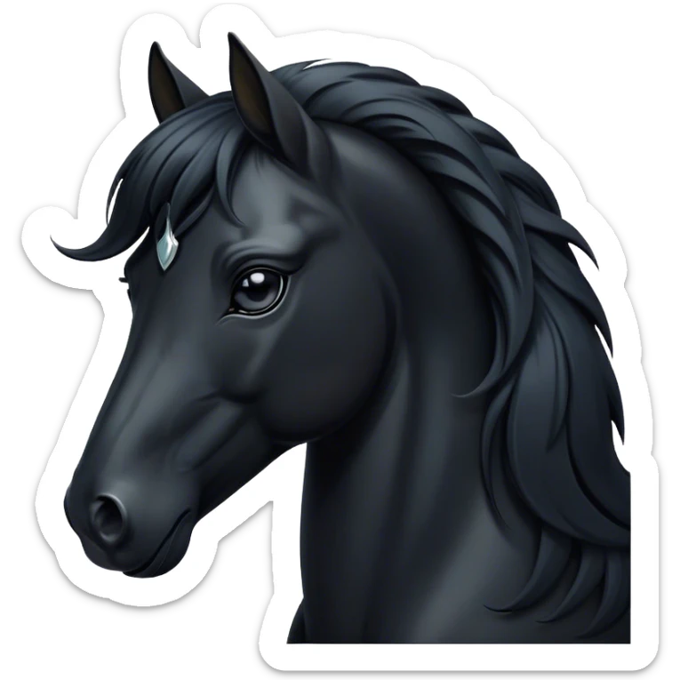 Cinematic Elegant Black Horse Portrait Emoji, Head held high with a serene, powerful gaze, showcasing a magnificent jet-black fur with a radiant, glossy finish, a flowing mane and tail, and piercing dark eyes exuding beauty and strength, Simplified yet majestically refined features, highly detailed, glowing with a soft, ethereal light, high shine, poised and breathtaking, stylized with an air of pure elegance, capturing the essence of a stunning and graceful steed, so beautiful it feels like it could gallop out of the screen with effortless charm! sticker