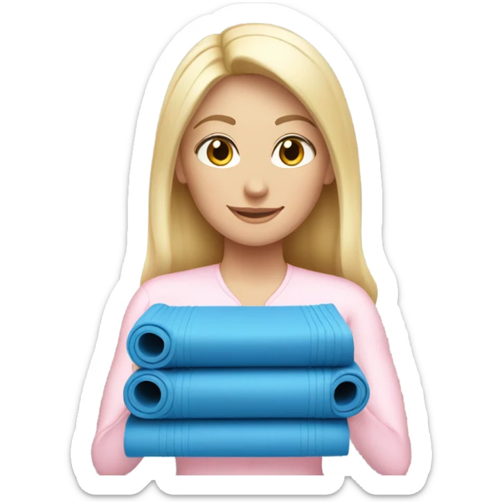 A blonde white girl in a light pink fitness suit with a full-length fitness mat sticker