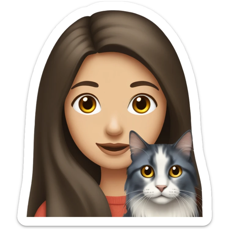 long straight haired blue eyed brunette woman holding norwegian forest cat with amber eyes sticker