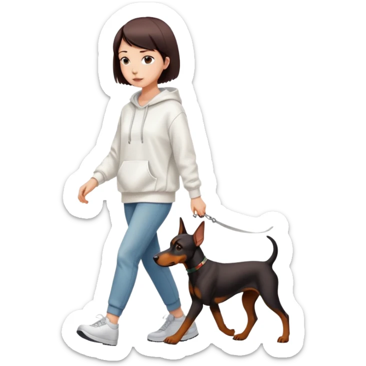 Beautiful short-haired girl wearing a white hoodie walking her Doberman sticker