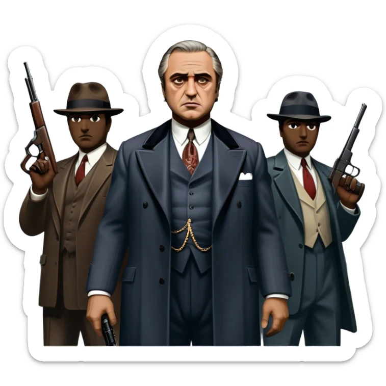 A vintage movie poster-style design featuring Don Vito Corleone surrounded by gangsters with Tommy guns. Include a dark, moody noir atmosphere with skyscrapers of New York in the background. The scene should be tense and mysterious, with a retro cinematic feel. Transparent background. sticker