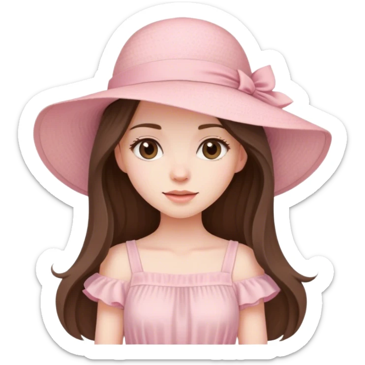 beautiful pale brunette girl with long hair in a light pink summer dress and hat sticker