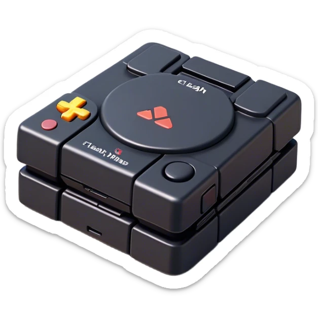 Clash of Clans aesthetic: Cinematic Playful PlayStation 1 Console Portrait Emoji, rendered in a 3D vector-style similar to standard emojis with minimal shading and bold, simplified shapes. A compact, distinct form with signature details, softly glowing with a cutting-edge console technology charm. Simplified yet unmistakably iconic, highly detailed and consistent, glowing with a soft radiance and high shine. Stylized with a touch of technological advancement and a soft glowing outline, capturing the essence of a beloved gaming relic with a friendly, playful manner! sticker