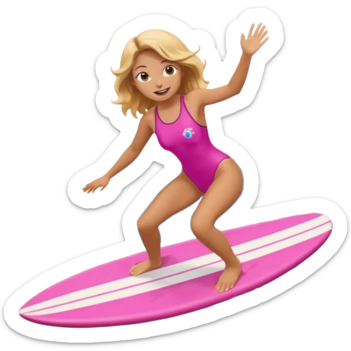 surf girl riding a wave on a board, pink one-piece swimsuit, cheerful, emoji style sticker