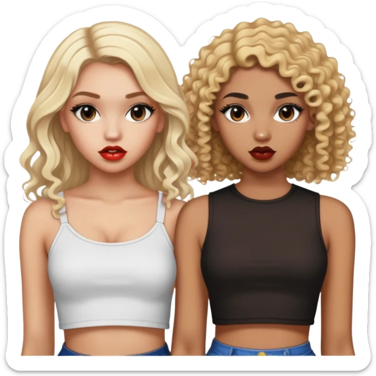 Two teenage girls together, one white with straight blonde hair and one brown-skinned with curly dark hair, both with heavy makeup, big lips, crop tops and choni style clothing sticker