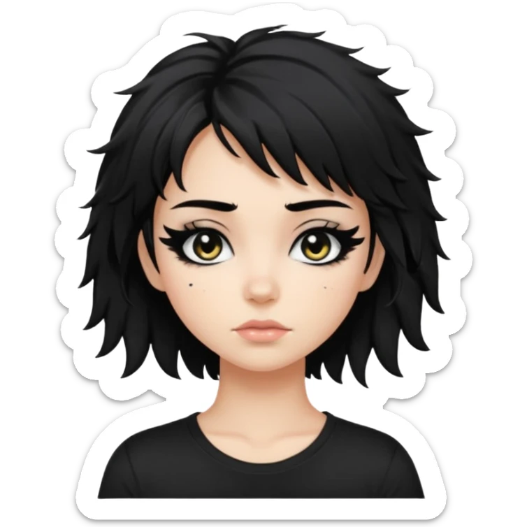 a pretty bratz fair girl with messy shaggy black hair with mascara smudged wearing a tight black tee sticker