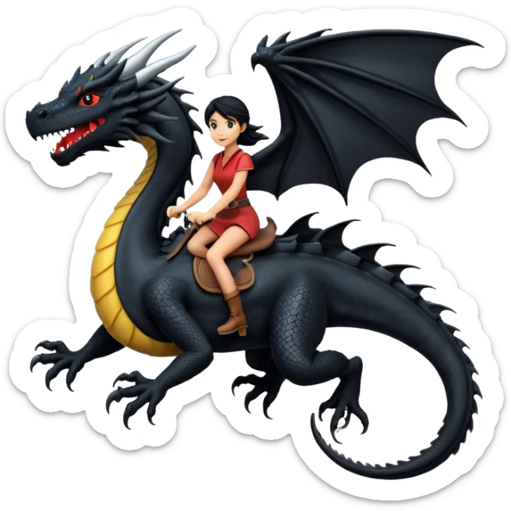 Extreme huge black dragon flying with a female rider on top of it sticker