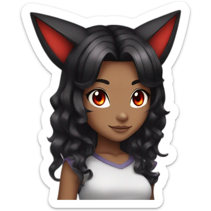 pokemon girl, cat ears, black hair, wavy hair, red eyes, black sclera sticker