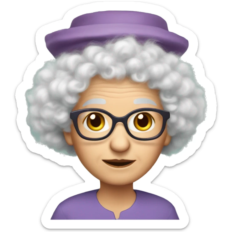 Small Caucasian elder woman with glasses- lavender fluffy hair- big red truffle hat- green dress- small mosquito wings on back sticker