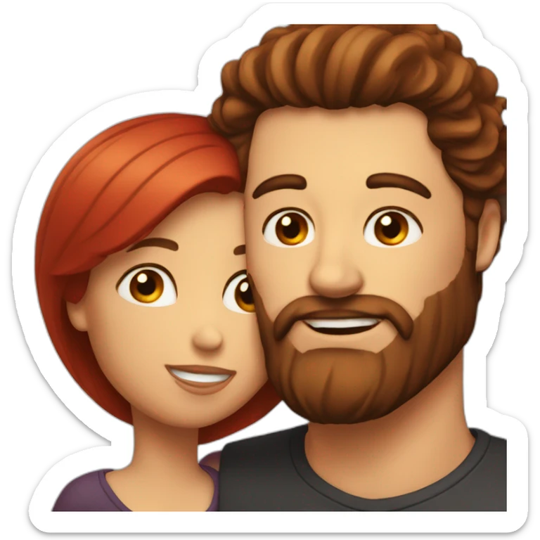a bearded man with dark hair kissing a woman with long red hair sticker