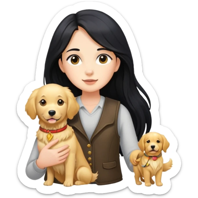 Long black hair - a girl in a vest holding a golden retriever sticker