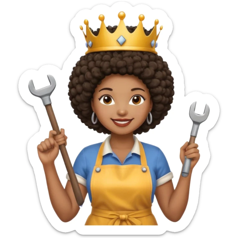 Mujer curvy afro, con vestimenta cómoda y delantal,con una corona sobre su cabeza y sonrisa contagiosa. En la mano herramientas de construcción sticker