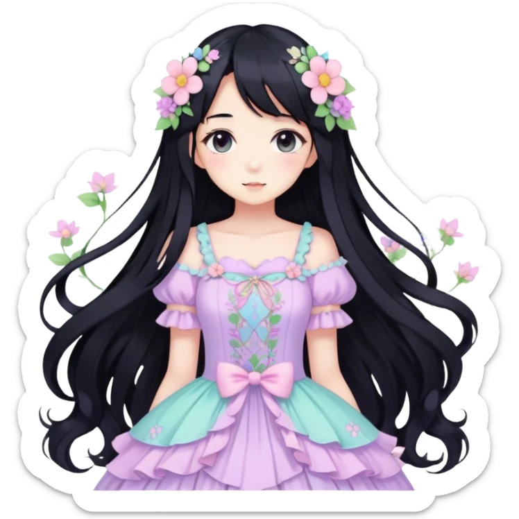 Kawaii anime lady with long black hair wearing a gorgeous pastel fairycore dress with flower details sticker