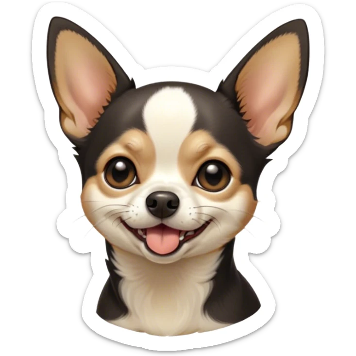 Cinematic Cute Yawning Black Tri Short Haired Chihuahua Portrait Emoji, Head tilted slightly with a dramatic, wide-open yawn, soft black tri-color fur with defined patches of white and tan, floppy ears slightly drooping, round dark eyes barely open in drowsy contentment, Simplified yet irresistibly adorable features, highly detailed, glowing with a soft, cozy glow, high shine, relaxed yet expressive, stylized with a touch of whimsy, bright and endearing, soft glowing outline, capturing the essence of a sleepy yet affectionate pup, so drowsy it feels like it could stretch right out of the screen and curl up for a nap! sticker