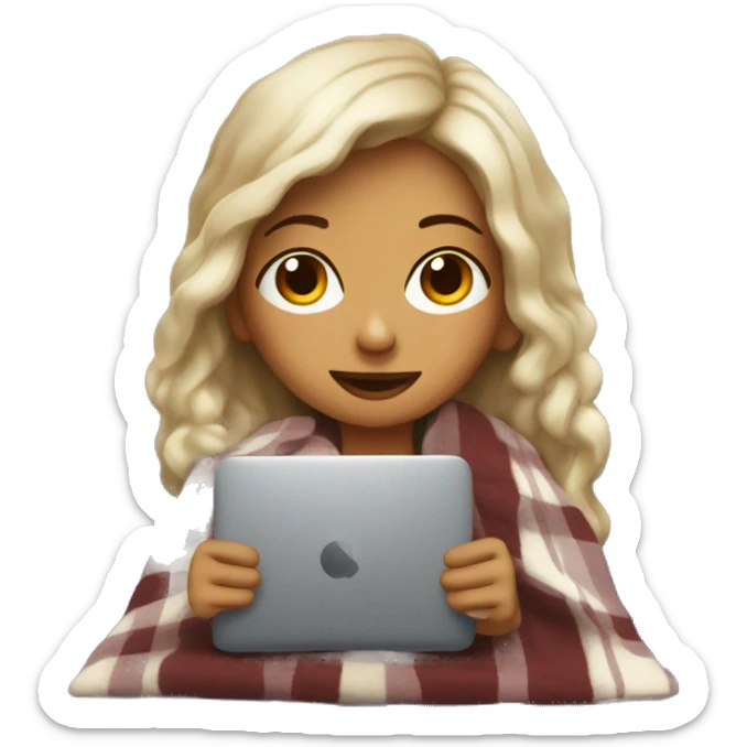 Cozy darker blong haired girl with cozy blanket and coffee on the couch with laptop sticker