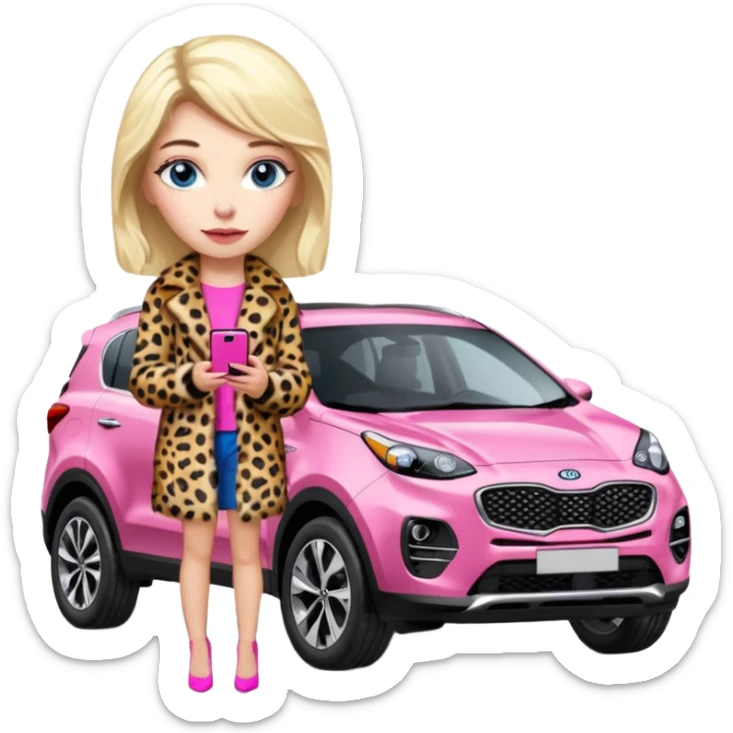a blondie queen Arina in a leopard fur and pink iPhone on her kia Sportage car. blue eyes sticker