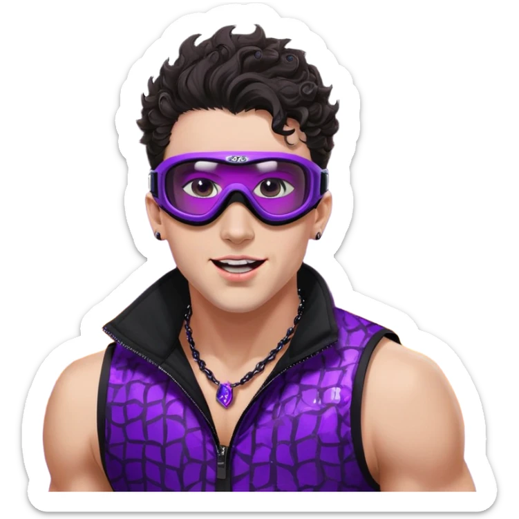 close-up of bad guy male athlete with white skin and moderately curly dark brown hair on top with shaved sides, wearing ski goggles with purple frames and very dark black lenses, a simple plain black chain necklace, and a completely unzipped sleeveless vest with purple and black sequin fire pattern design with no logo, pulling his tongue out very far in an exaggerated mocking gesture, looking menacing and villainous sticker
