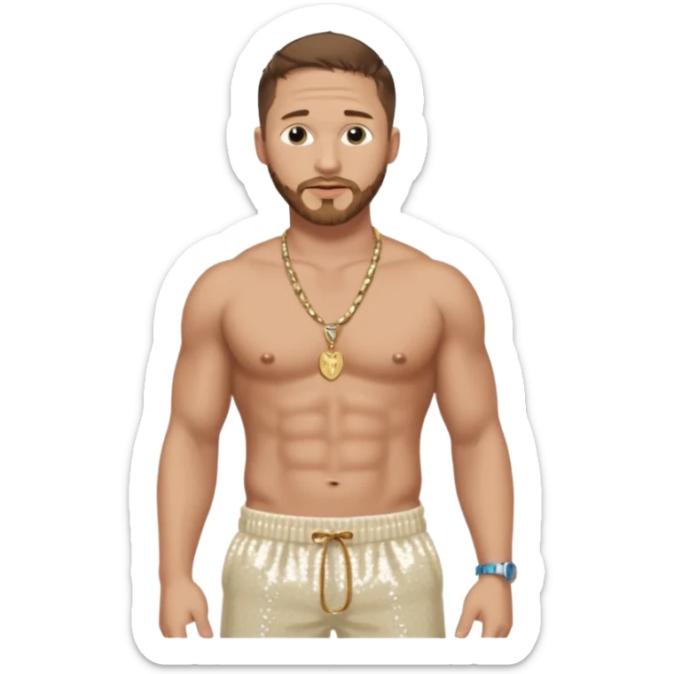 Tom Hardy with brown hair, cream sequin baggy pants, shirtless with necklace sticker