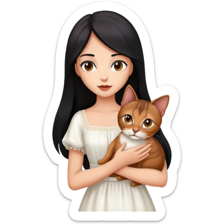 beautiful girl with long black hair wearing a white dress holding an Abyssinian cat with reddish-brown fur in her arms sticker