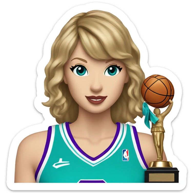 Taylor Swift wearing purple and aqua basketball uniform holding trophy with SWIFTYS on uniform  sticker